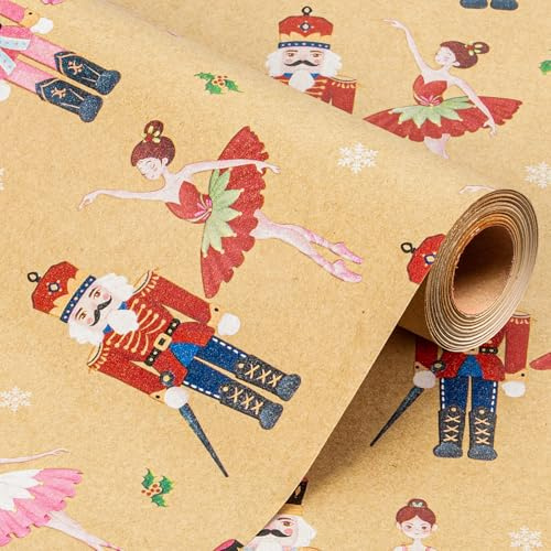 Wikadlik Weihnachts-Geschenkpapier aus Kraftpapier – Nussknacker-Mädchen, Ballett-Tanz-Design, braunes Geschenkpapier – 43 cm x 10 m