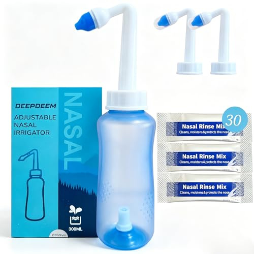 Deepdeem Neti Pot Sinus Rinse, Bouteille ergonomique sans BPA 300 ml avec 2 buses de lavage nasal spécialisées avec différentes pressions pour adultes et enfants avec 30 sachets de sel de lavage nasal