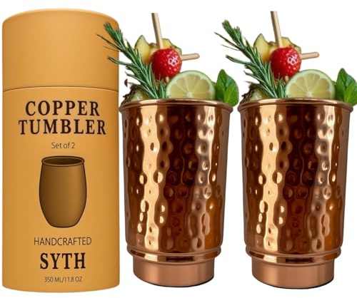 Luxury Heavy Duty100% Pure Copper Tumblers Set of 2 |BPA Free| Lacquer Free Copper Tumbler| Handcrafted Hammered Ayurvedic Glasses | 350 Ml/11.8 OZ Water Cups for Health, Detox | Gift Box Incuded