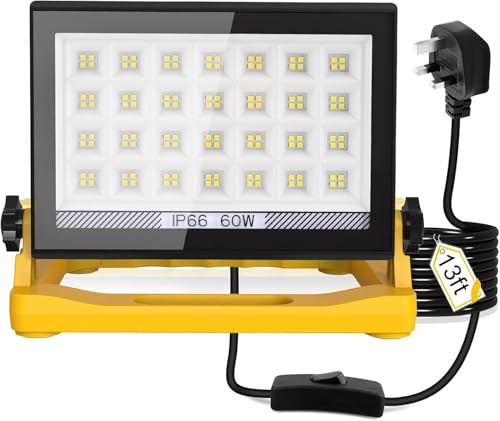 60W LED Work Light, 5400LM Job Site Lights with Handle, Plug in FloodLight with 13ft Wire & Switch, Portable Work Lights 240V Mains Powered Loft Light, IP65 Waterproof Construction Light Workman Lamp