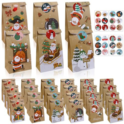 Geschenktüten Weihnachten- 24 Stück Personalisierte Papiertüten Weihnachten mit 24 Aufkleber, Geschenkverpackung Kraftpapier Tüten Obsttüten Brottüten Hochzeitstüten Geschenktüten3