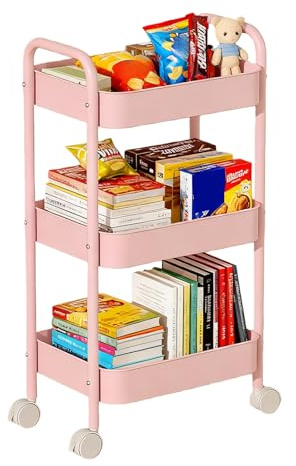 MEETOZ Chariot de rangement en métal à 3 niveaux, chariot roulant à 3 niveaux avec poignée, chariot utilitaire à roulettes de cuisine, organisateur de rangement, pour salon, salle de bain, cuisine