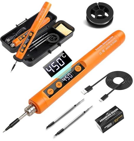 Flintronic Akku Lötkolben Set, USB Kabelloses Lötkolben Set mit LCD, Einstellbare Temperaturen 180 ℃-450 ℃, Wiederaufladbar mit 3 Lötspitzen/Lötdraht/Lötpaste für Reparatur des Schweißens