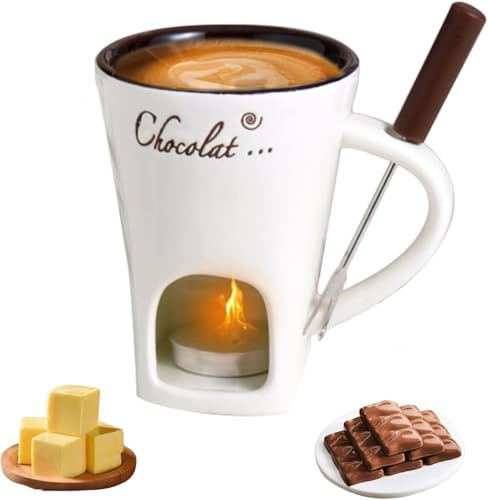 Chocolate Fondue Mug with Fork, Cheese Warmer Cup, Chocolate Melting Cup, Tea Light Heating Butter Warmer, for Cheese Chocolate Butter