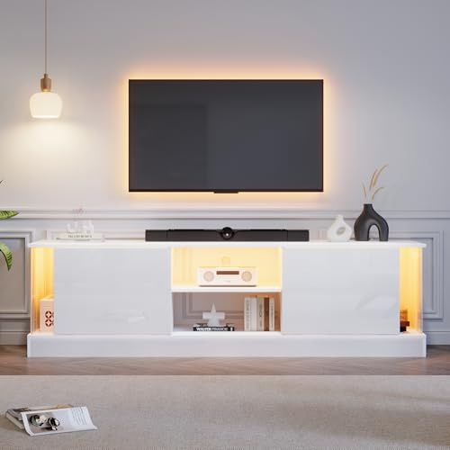Generisch Meuble TV laqué pour téléviseurs jusqu'à 70 pouces, support TV sur pied, meuble TV de salon avec fonction de rangement LED, blanc