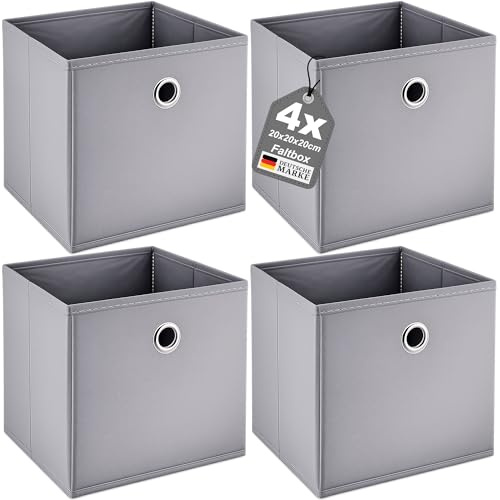 4er Set Faltbox 20x20x20 cm Aufbewahrungsbox Stoff Regalbox faltbar Ordnungsbox Würfelbox mit Metallgriff Kinderzimmer Büro Schrank stabil platzsparend grau