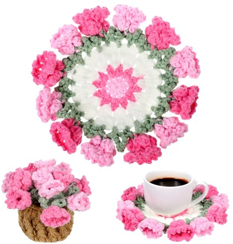 Flower Crochet Coasters with Crochet Plant Pot, Boho Flowers Soft Decorative Coasters Housewarming, Handmade Flowers for Home Office Decoration, Car Decoration