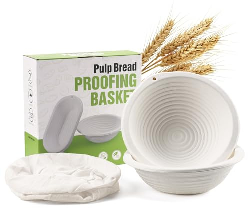 Clheatky Pack of 2 Round Pulp Sourdough Banneton Proofing Baskets with Linen Liners - Bread Proving Basket for Sourdough Bread Baking