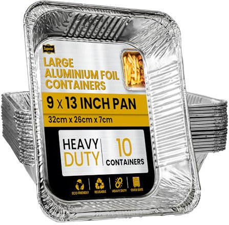 Superior Large Foil Aluminium Trays Pack of 10 – Heavy-Duty Deep Tin Foil Trays 32 x 26 cm Ideal for Cooking Baking Roasting BBQ Meal Prep Storage Tray – Foil Containers for Christmas Parties