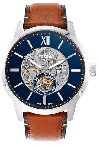 Fossil Reloj para hombre Townsman, movimiento mecánico automático, caja de 48mm de acero inoxidable plateado con correa de piel, ME3154, 48MM, Marrón y Tono Plateado
