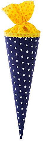 goldbuch 93 552 Geschwistertüte aus Stoff, dunkelblaue Schultüte mit blauen Sternen, Geschenkverpackung mit gelbem Filzverschluss (ohne Verschlussband), Zuckertüte rund, Länge 35 cm, Ø 11,5 cm, Blau