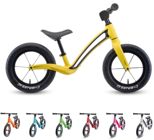 Hornit AIRO 12 in Balance Bike, 2.95 kg, Hammer Yellow, for Ages 1.5-5 | Magnesium-alloy frame, pneumatic tyres, sealed bearings and integrated footrests suit riders aged 1.5-5.