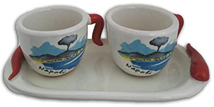 tazzine da caffe' veduta di napoli con manico cornetto con vassoio