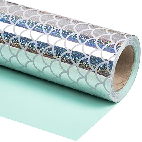 WRAPAHOLIC Jumbo Reversible Mermaid Wrapping Paper - 24 Inch X 100 Feet Jumbo Roll Scale with Colorful Foil Design, Perfect for Birthday, Baby Shower, Mermaid Party