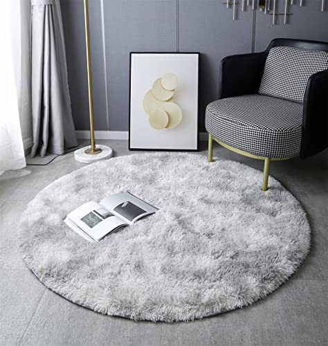 LYKEJI Runder Teppich, Langflor, Modern, für Wohnzimmer, Schlafzimmer, Esszimmer oder Kinderzimmer, Komfortable Hochflor-Bodenmatte Anti-Rutsch-Teppich (120cm X 120cm, Hellgrauer Tie-Dye)