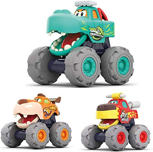 HOLA Baby Spielzeug 1 2 3 Jahre Junge, 3 Stück Monstertruck Reibungsbetriebene Rennwagen LKW Zurückziehen Push and Go Trägheit Fahrzeug , Geschenk