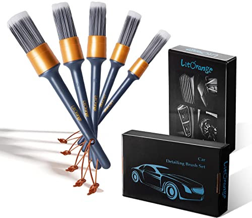 LitOrange Car Detailing Brush Set, 5 Pcs Different PET & PPT Mixed ​Fiber Plastic Handle Automotive Detail Brushes for Cleaning Interior, Exterior, Wheels, Rims and Leather
