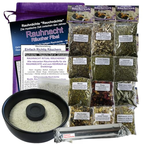 RAUHNÄCHTE 19-TLG Rauhnacht Räucher-Set 12x Räucherwerk weißer Salbei Weihrauch Myrrhe Styrax UVM. 7X RÄUCHERZUBEHÖR, RÄUCHERSCHALE, Räucheranleitung, Rauhnacht-Fibel. 81900-18S
