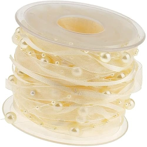 10M Perlenband Chiffon-Band und Organza-Spitze-Band-Dekoband Spitze Zierband für Hochzeits-Blumen- Nähen Handwerk Verpackung (beige)