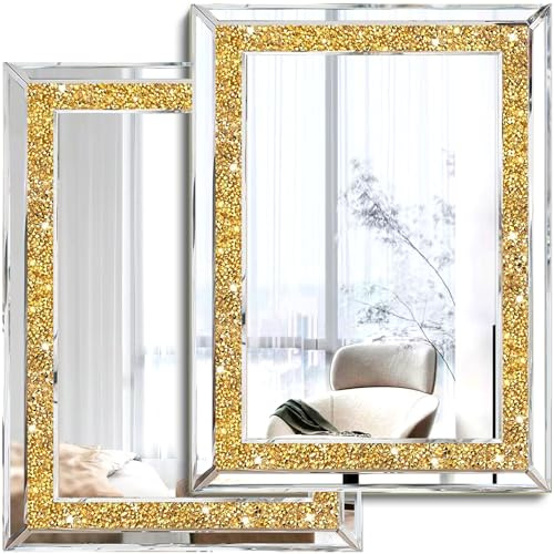 XIHACTY Wandspiegel, Wanddeko mit zerkleinerten Diamanten, goldfarbener Deko-Spiegel für Wohnzimmer, Schlafzimmer, Bad, 2er-Set (27,9 x 38,1 cm)
