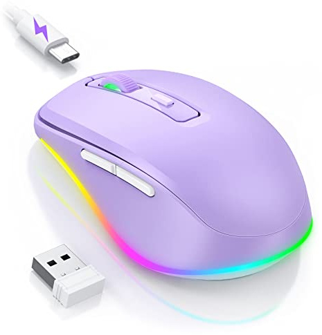 PEIOUS Wireless Mouse Jiggler - LED Wireless Mice with Build-in Mouse Mover, Rechargeable Moving Mouse for Laptop with Undetectable Random Movement Keeps Computers Awake - Purple