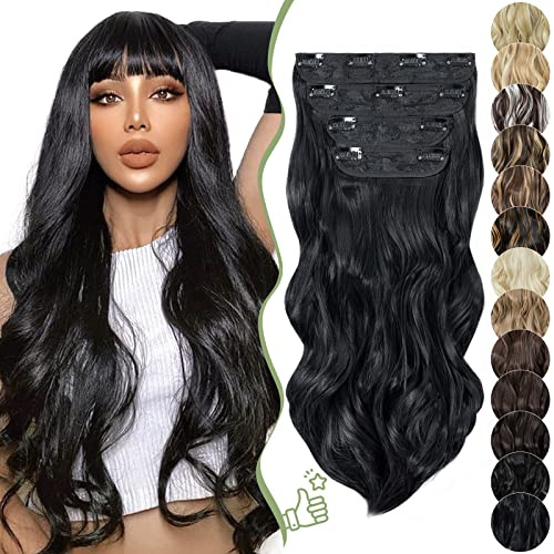 SEGO Clip in Extensions 4 PCS Wavy Haarverlängerung günstig Haarteil Haare Locken mit Klips für vollen Kopf 55 cm Tiefschwarz