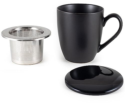Hanseküche Tazza da Tè XXL 600ml con Coperchio e Colino - Grande Tazza in Ceramica - Jumbo con Filtro per Tè (Nero)