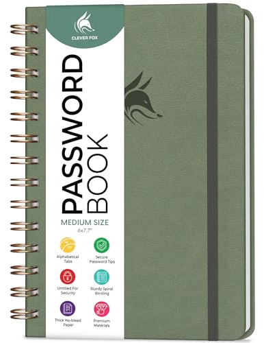Clever Fox Password Book Spiral – Internet Address & Password Organizer with Laminated Alphabetical Tabs – Password Keeper Journal – Hardcover, Medium Size, 6.1x7.7” (Cypress)