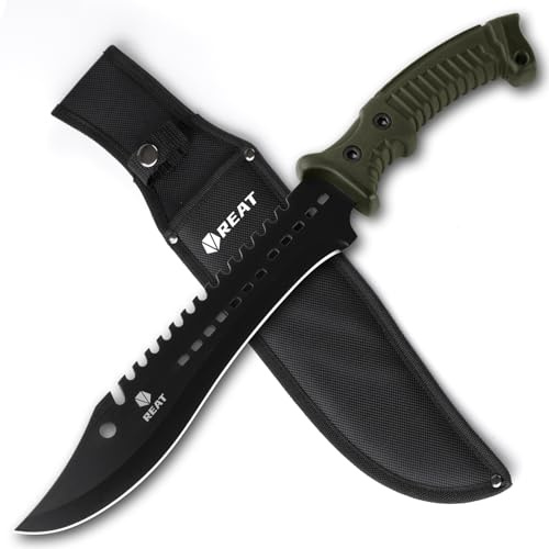 REAT Machete with Shaeth,15 Hunting Knife with 420 Stainless Steel, Ergonomic No-Slip Rubber Handle, Machetes for Bushcraft, Survival, Cutting Trees, Yard Work,Gifts for Men,Women