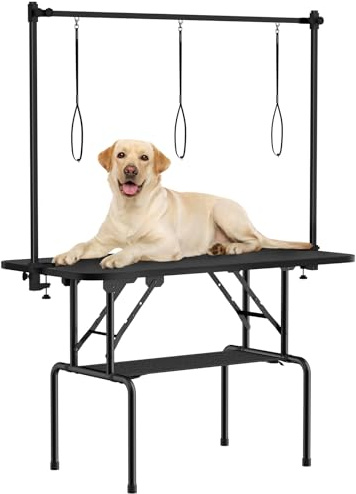 ROOMTEC 46 Inch Dog Grooming Table,Foldable Pet Grooming Tables at Home with Adjustable Arm,Nooses, Mesh Tray