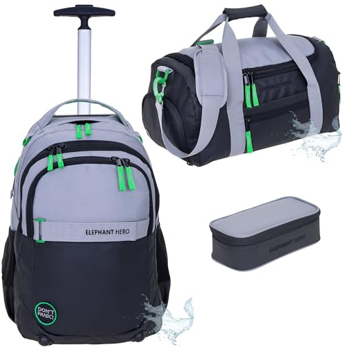 Elephant 3 Teile Set Trolley Schultrolley Rucksack 13048 CB Grau Grün TSM | Schultrolley Schulranzen Trolly Jungen Mädchen Rucksacktrolley Box Schulsporttasche Rcsack mit Rollen Schultasche