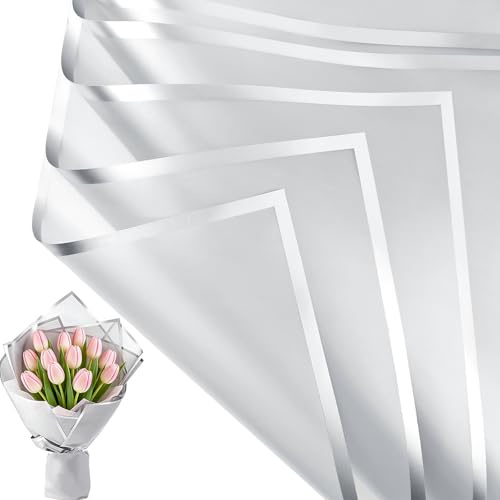 Jutieuo 20 Sheets Silver Flower Wrapping Paper, Waterproof Translucent Korean Floral Paper for Flower Bouquet Wraps Gift Packaging Florist Supplies (22.8 x 22.8 inch)