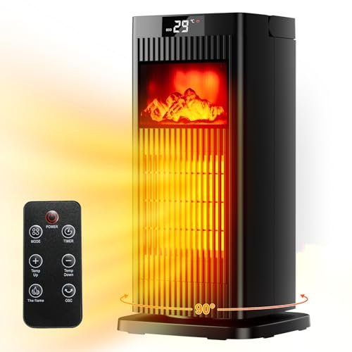 Stufetta Elettrica Basso Consumo con Termoventilatore, Fiamma 3D, 1500W, 90° Oscillazione, 4 Impostazioni di Calore, Timer 12 ore, stufa elettrica con elemento in ceramica PTC, Modalità ECO