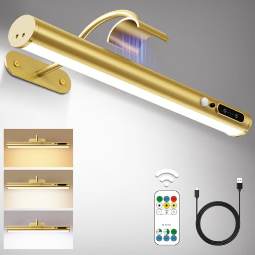 Hapfish Motion Sensor Battery Operated Wall Lights, Wireless Picture Lights for Wall, Dimmable & 3 Color Temps, Rechargeable Magnetic Light with Remote Control for Indoor Dartboard Mirror – Gold