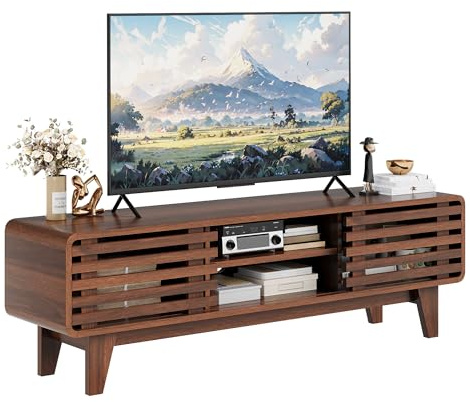 Luoxiao TV Schrank Holz 140 cm Lowboard für Fernseher bis zu 60 Zoll Mid-Century Modern Fernsehtisch mit 2 Schiebetüren TV Kommode Sideboard mit Offenen Stauraum für Wohnzimmer Walnuss