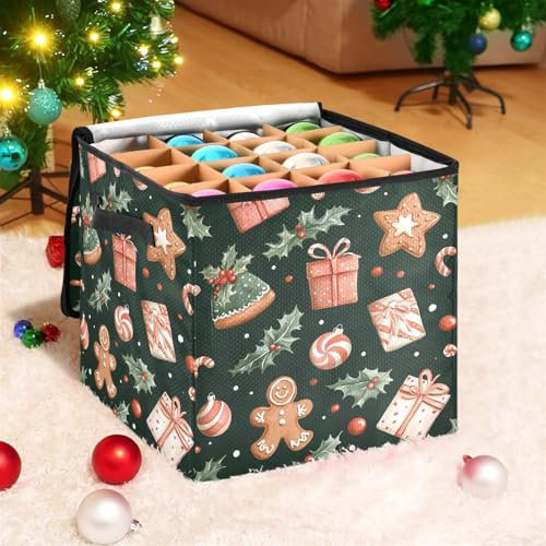 Ewusp Scatola portaoggetti per palline di Natale di pan di zenzero, con cerniera e divisori regolabili, organizer per 64 decorazioni natalizie