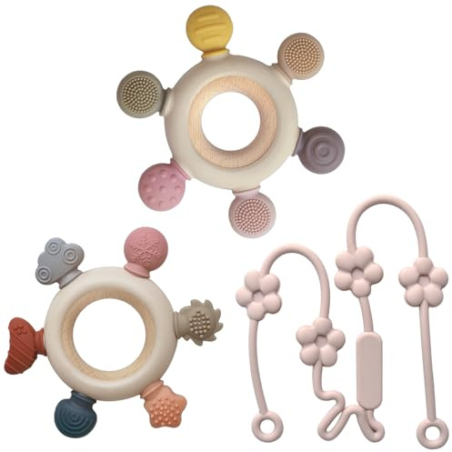 3 Packs Teether Rings for 0-6 6-12 Months Babies, Teething Toys with Pacifier Clip Holder, Baby Chew Toys for Sucking Needs, Baby Essentials