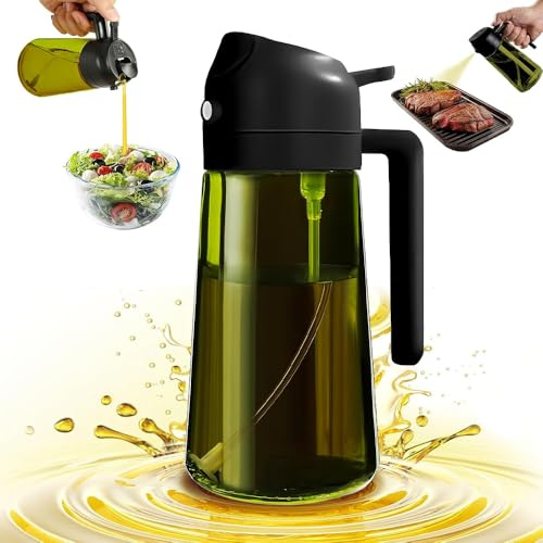 ZEIEYA 2-in-1 Ölsprüher für Speiseöl, 470ml Glas Oil Sprayer Können Ölspray für Heißluftfritteuse & Backspray Ölsprüher Küche, ölspray und Gießen Zum Kochen Grillen Küche