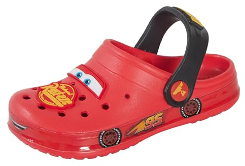 Zuecos Disney Cars para niños con encantos, sandalias para niños con diseño de Rayo McQueen de Cars en 3D, deslizadores con correa en el tobillo para playa, rojo y amarillo, 11 UK Child