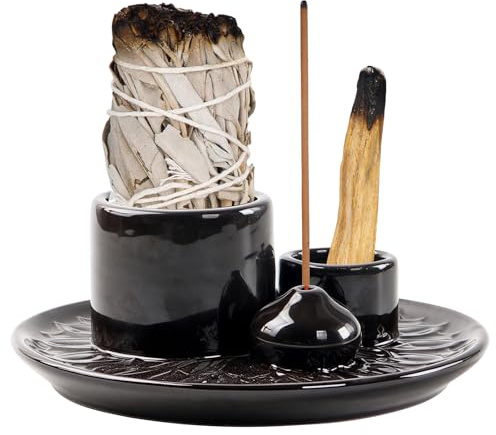 Quemador De Incienso 4 En 1, Cuenco De Incienso, Quemador De Incienso De Cerámica, Porta Incienso, Cuenco De Incienso De Cerámica para Varillas De Incienso, Salvia Blanca, Palo Santo