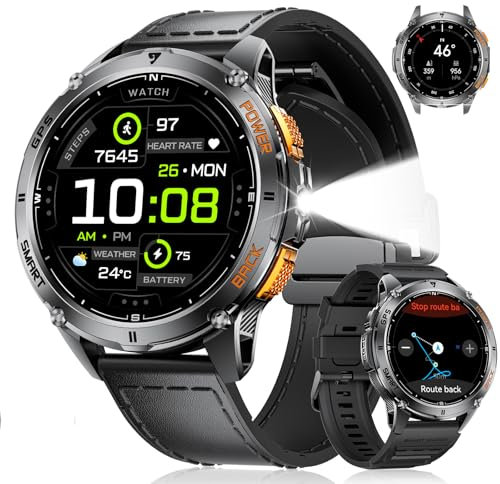 LIGE DM4 GPS Smartwatch Herren mit LED Taschenlampe/1.43 HD Amoled Display, Fitnessuhr mit 530mAh Akku/120+ Sport Modi, Herzfrequenz, Barometerdruck/Höhenmesser/Kompass für iOS Android, Schwarz