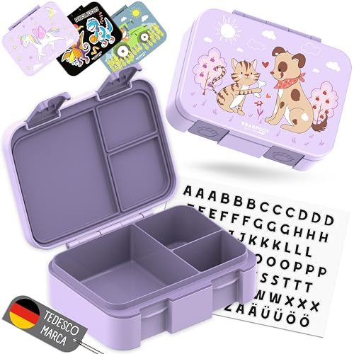 BEARFOOT Bento Box COMPACT | BPA-fri barnmatlåda för skola och dagis | läckagesäker matlåda för flickor och pojkar | Praktisk, lätt och kompakt (hund och kattlila, 650 ml)