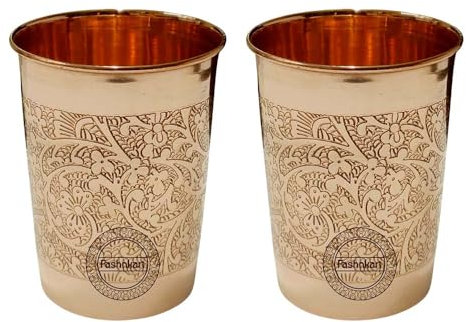 Fashnkart Pure Copper Glasses Drinking Water Set of 2 Ayurvedic Health Pure Tumblers Copper Cups 10.14 Oz 300 Ml (Embossed)