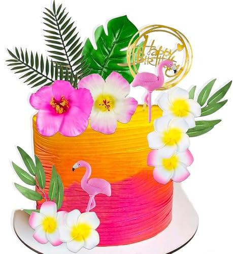 LaVenty Tropische Flamingo Kuchendeko Luau Hawaiianische Tortendeko | Tropische Flamingo Kuchen deko Luau Tortendekorationen Hawaiianische Tortenaufleger Strand Tortenaufleger Dekorationen für
