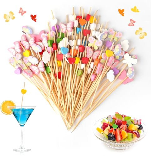150 brochetas para comer con los dedos, mariposas de madera, 12 cm, para cócteles, cocteles, coloridos, corazones, cócteles, fiestas, cócteles, palillos de dientes para bar, cumpleaños, frutas