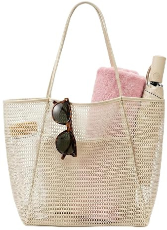 LELELEKALE stor strandväska dam nätficka strand med dragkedja innerficka strand tygväskor stor vikbar mesh swimming pool resa strand familj shopper reseväskor, Aprikos, 37 x 35 x 16cm