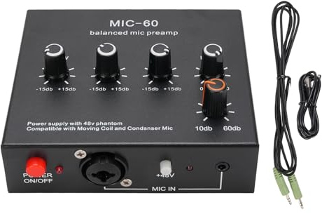 CHEOTIME Microphone Preamp Mic Gain Booster 48V Power Supply Mic Pre Amp for Dynamic Condenser XLR 3.5mm 6.35mm Inputs Outputs (With 3.5mm Sound Cable)
