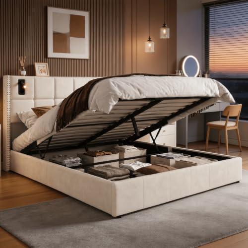BRILVERDE Lit Coffre 140x200 cm avec 2 liseuses,Lit rembourré Double avec Rangement,avec sommier Lattes, Convient aux Adolescents et aux Adultes, Matelas Non Inclus,Velours Beige