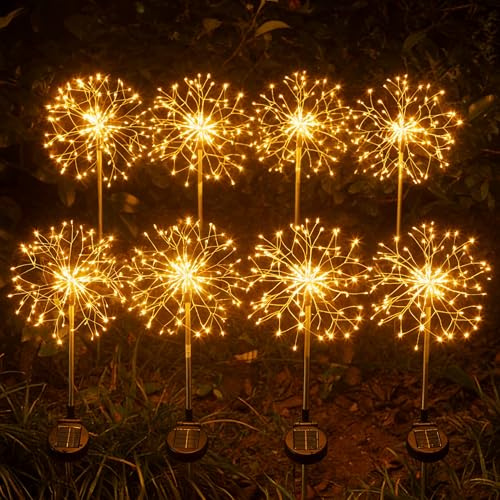 INMKALI Solar Garden Lights Outdoor Waterproof Yard Decorations, 2 Pack 150 LEDs Pathway Lights Stake, Fairy Firework Light for Patio Lawn Courtyard Flowerbed Party Wedding Starburst Warm Gold Color
