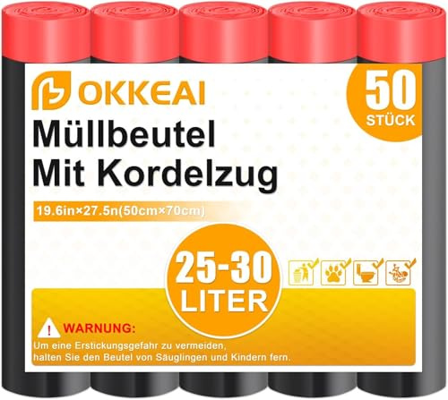 OKKEAI Sac Poubelle 30L Noir – 50 Pièces, Résistants Et Étanches Avec Liens Coulissants, Parfaits Pour Cuisine, Salle De Bain Et Bureau